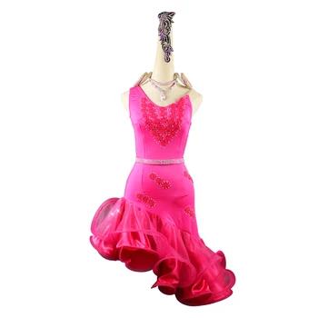 Latinské Tanečné Šaty Žien Kostým Súťaž Rose Červené Šaty Pás Drahokamu Finsh Kosti Sukne Salsa Tango Sála Šaty BL4274