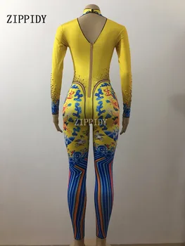 Sexy Žltá Čínsky Drahokamu Jumpsuit Žena Spevák Tlač Fáze Nosenie Kombinézu Jeden-dielny Kostým sa Blyští Kamene Úsek Oblečenie