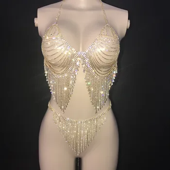 Zlato Drahokamu Fringe Podprsenka Krátke Bikini Tanečné Tím Duté Oblečenie Nastaviť Ženy Prom Party Prívesok Bielizeň Oblečenie Set
